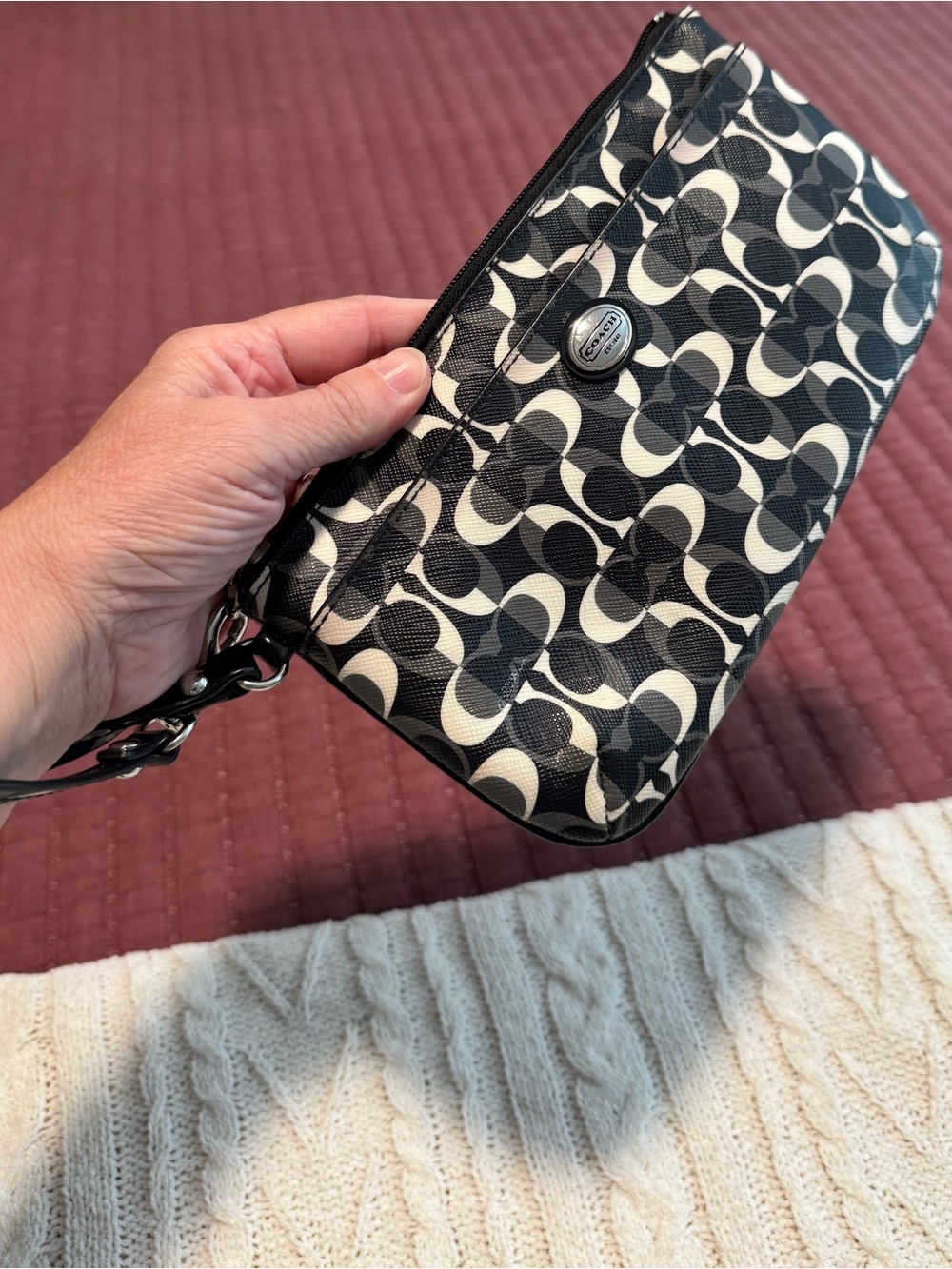 Coach Peyton Dream C Wristlet in Black, White & Gray Logo Pattern